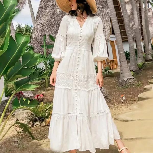 Vestido de primavera-verano 2023, Vestidos de encaje de retazos de algodón para mujer, vestido blanco con manga acampanada y cuello en V, Vestidos largos de playa para mujer