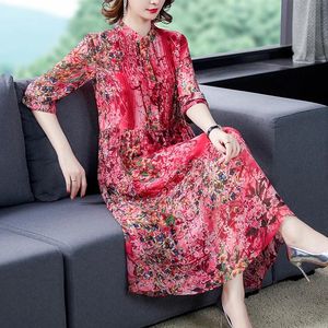 Robe 2023 Printemps Été Rouge Floral Naturel Soie Robe Midi Coréen Vintage Chic Robes Femmes Élégantes Moulantes Soirée Robes