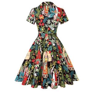 Jurk 2023 zomer katoen vintage midi feestjurk korte mouw 4xl gewaad femme swing jaren 1950 retro bloemenprint groen rockabilly jurken