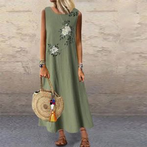Robe 2023 femme robe d'été vintage coton en lin fleurs sans manches à manches imprimées robe longue occasionnelle vestiaire streetwear maxi robes
