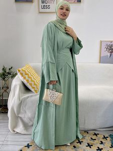 Robe 3 pièces Abaya ensemble femmes musulmanes tenues assorties Kimono Cardigan + robe à manches courtes + jupe portefeuille cravate Dubai Turkis hIslamic vêtements