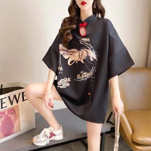 Jurk #4476 Zomer zwarte T-shirtjurk met korte mouwen, losse opstaande kraag, knopen, uitgehold 3D-geprinte mini-jurk, vintage Chinese stijl