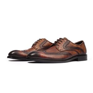 Robe 5685 Hand Polishing Brogue Men Great Cuir Vintage rétro Bureau fait à la main Forme de mariage officiel Oxford Shoes E47