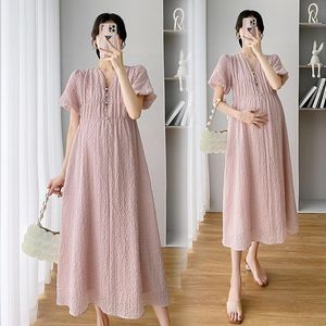 Robe 8237 # 2022 Summer Korean Fashion Maternity Long Robe Elegant A Line Loose Clothes For Endleed Women Is Grossesse post-partum