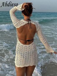 Robe Abdieso tricoté dos nu Sexy été courte robe moulante femmes tenues 2023 à manches longues évider Mini robes de soirée de plage