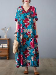 Jurk Anteef Korte mouw oversized katoenen linnen vintage bloemenjurken voor vrouwen casual losse lange zomerjurk elegante kleding 2022