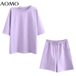 Robe AOMO 2021 Été Coton Doux Survêtements Unisexe Deux Pièces Ensemble Oneck T-shirt et Short de Poche 6L302A