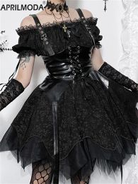 Robe d'automne gothique Kawaii Lolita Party pour femmes, col Slash, Punk esthétique Y2k, robe d'été rétro Cosplay noir rouge Grunge