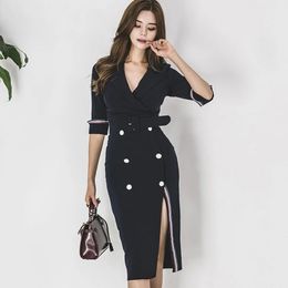 Jurk Herfst Office Lady Split Pencil Damesjurk Double Breasted Schede Notched Kraag Formele Bodycon Werkjurk met Sjerpen