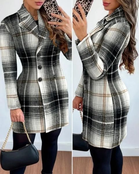 Robe automne manteau à carreaux robe femmes casual bureau dames col en v Double boutonnage mince manteau en laine robe femme