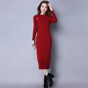 Robe Automne Femmes Moulante Robe Gaine Sexy Rouge Dames Tricoté Pull Robes Coton À Manches Longues 2019 Pure Casual Femme Robe Midi