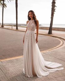 Robe De plage De mariage, ligne A, sans manches, col licou, en mousseline De soie, broderie en dentelle, avec des Appliques, robes De mariée