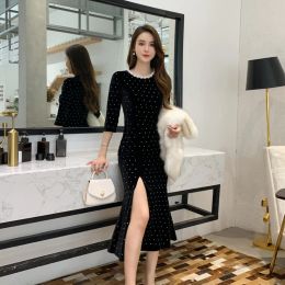 Robe Perlée Corset Robe Automne 2021 Moyen Sommeil Robes Noires Gala Femmes Vêtements Femme Mode Vêtements Pour Femmes Fête D'hiver Femme