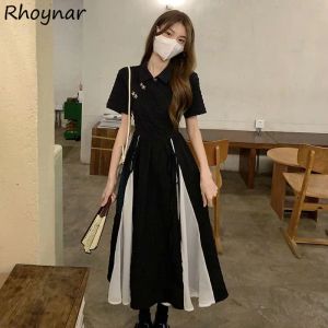Robe noire robes d'été femmes vêtements taille haute Style chinois tempérament élégant robes lambrissées doux épissé conception classique