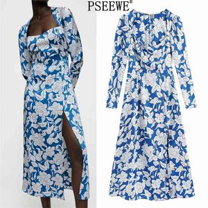 Dress Blue Floral Long Women Elegant Square Neck Sleeve Midi Woman es Side Vent Vintage es 210519
