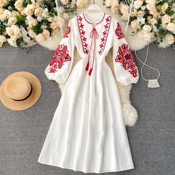 Vestido bohemio bordado para mujer, vestido bohemio bordado con flores, cuello redondo, linterna, manga larga, primavera, cintura alta, vestido blanco de algodón