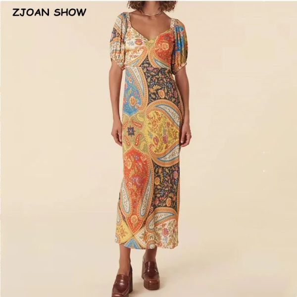 Robe BOHO Paisley fleur imprimé croix col en V élastique à manches courtes Robe femme Viscose coton nœud ceintures taille Midi longue Robe vacances