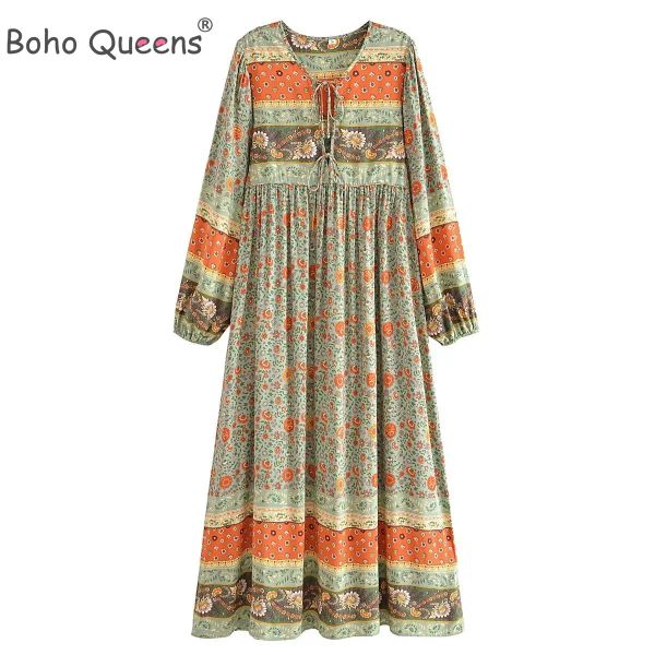 Robe Boho Queens Femmes Imprimé Floral Ceinture Gland Plage Bohème Maxi Robe Dames À Manches Longues Vcou Coton Plissé Robe D'été Robes