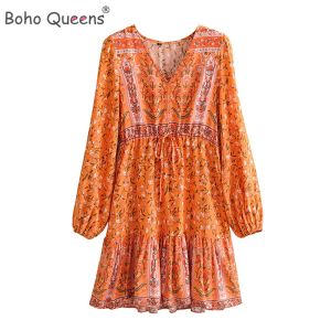 Vestido Boho Queens mujeres Hippie verde estampado Floral cuello en V bohemio Mini vestido de verano para mujer Vestidos de manga acampanada