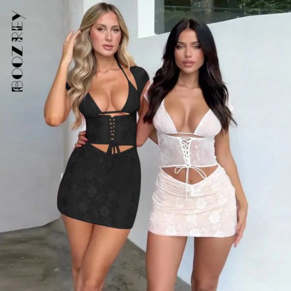 Dress BoozRey Été Sexy 3 Pièces Robe Ensemble Femmes Creux Halter Manches Courtes Bandage Mince Dentelle Corset Mini Robes Tenues de Rue