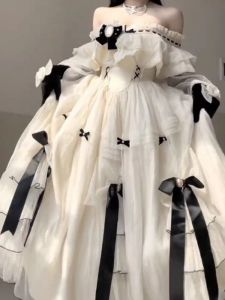 Robe Bow Lolita Fairy Party Dress Style 2023 Mode d'été Taille haute Robe douce Chic Femmes Vintage Manches longues Robe midi française