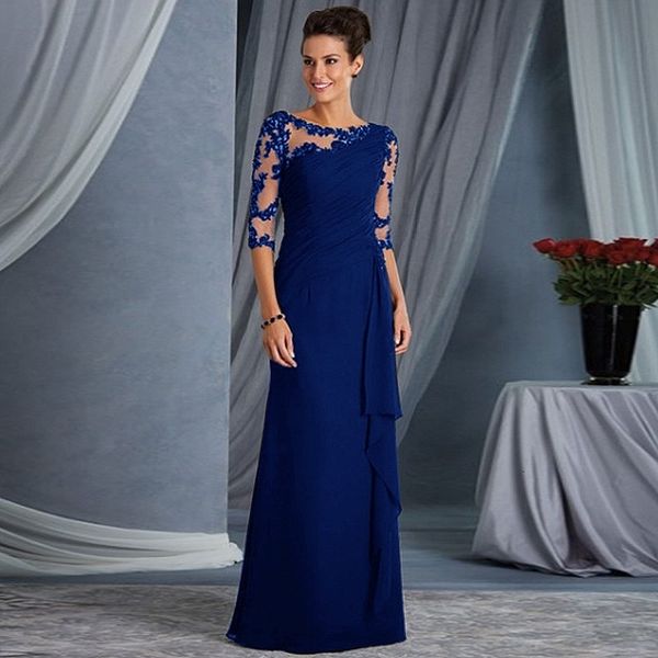 Vestidos casuales Vestidos negros Noche de la noche Noche de la novia Vestidos con 34 mangas Apliques Chiffon Royal Blue Mother Weddings Party Gowns Gowns 856