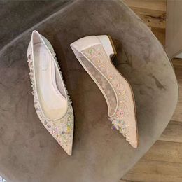 Robe chaussures décontractées René Caovilla Femmes Flat Mesh Lace Crystal Designer Decorative 3cm Moyenne talon Fashion Fashion High Quality Factory Shoes SS