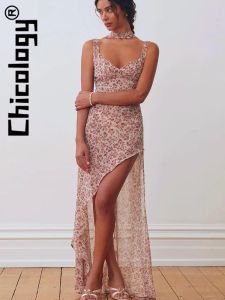 Robe Chicology en mousseline de soie dos nu à lacets fente sans manches robe longue sexy élégante vacances françaises fête de vacances femmes tenue en gros