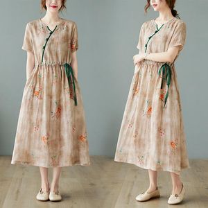 Jurk Chinese Stijl Jurk 2023 Nieuwe Collectie Dunne Zachte Katoen Linnen Print Bloemen Mode Vrouwen Zomer Jurk Vakantie Reizen Casual jurk