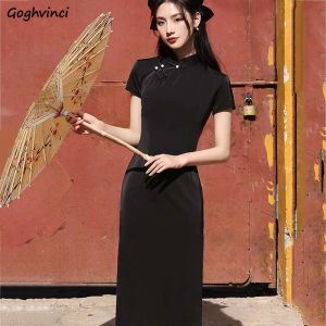 Jurk Chinese Stijl Stand Kraag Jurken Vrouwen Skinny Temperament Zwart Qipao Vintage Korte Mouw Slanke Sexy Vestido Elegante M3XL Nieuw