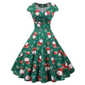 Robe Robe de soirée de noël pour femmes, Sexy, mode verte, manches courtes, col en V, élégante, Vintage, imprimé, noël, nouvel an, bal, dames, 2023