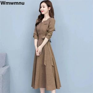 Vestido de lino de algodón informal, vestido de manga larga para mujer, primavera y otoño, cinturón de moda coreana, Vestidos Midi Vintage, Vestidos elegantes de fiesta Aline
