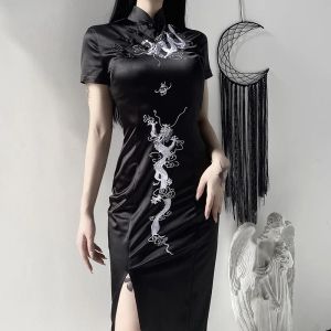 Jurk Dark Goth Retro Grote Lengte Jurk Draak Borduren Cheongsam Slanke Jurk Vrouwen 2021 Gothic Jurk Chinese Vintage Jurken