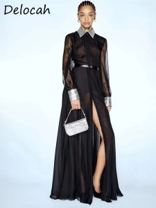 Jurk Delocah Hoogwaardige herfst Women Fashion Designer Black Dress Lantern Lange Mouw Belt Shirts Style Ladies Party Split -jurken