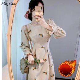 Robe Robes Femmes Plus Velours Velours Côtelé Robes Automne Basique Floral Flare Manches Casual Harajuku Tendre Vêtements Mode Allmatch