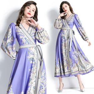 Robe Dropshipping printemps été automne Vintage imprimé Floral col en V nœud bouffant manches longues cloche femmes dames décontracté fête Maxi chemise robe