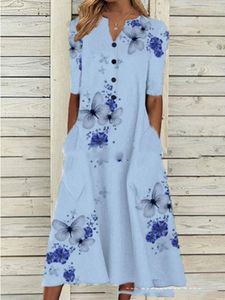 Robe au début du printemps à manches intermédiaires pour femmes Polyester 2022 Nouvelle poche imprimée Vneck Pullover lâche grande robe swing