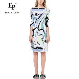 Robe Efatzp nouveau automne robe de créateur de mode femmes 3/4 manches multicolore imprimé géométrique Jersey extensible mince robe de jour en soie