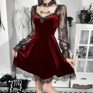 Jurk Egirl Grunge Gothic Zwarte Mini Jurk Lace Trim Hoge Taille Bodycon Jurk Y2K Vrouwen 90s Vintage Punk Harajuku Lolita Kleding