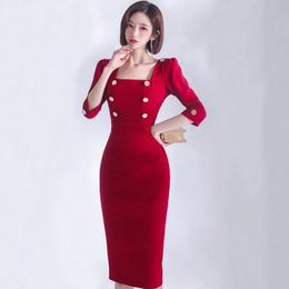 Vestido elegante vestido Formal rojo cuello cuadrado media manga vestido lápiz 2023 Primavera Verano ajustado ceñido al cuerpo vestido de trabajo de dama de oficina