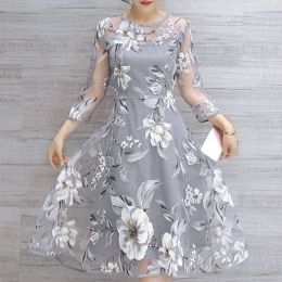 Robe élégante Organza à manches longues imprimé fleuri une ligne robe d'été fête robe de bal pour les femmes vestidos para mujer elegantes bonitos