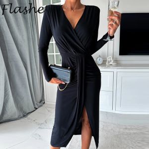 Jurk Elegante Pary-jurk Dames V-hals Bodycon-jurken met lange mouwen voor dames Sexy Midi-jurk Effen kleur Split-up kantoorjurk