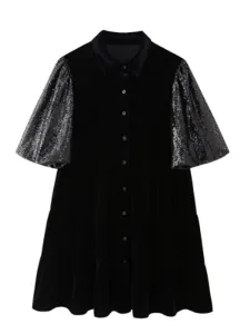 Robe élégante sequin velours épissure robe mi-longue femmes Vintage revers robe à manches courtes pour la mode féminine solide chemise robe Streetwear