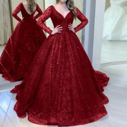 Robe élégante et brillante pour femmes, tenue de soirée de mariage, col en V, manches longues, robe mère de la mariée, rouge, robe de soirée formelle, robe de bal