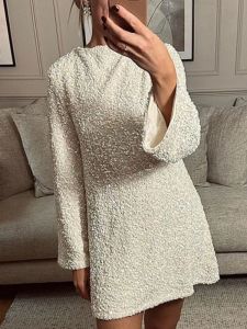 Hobe Elegant Shiny Sequin Mini robe pour femmes sexy Backless Bowkknot Laceup Long Manches Robes Fashion Svening Femme Vestidos féminins