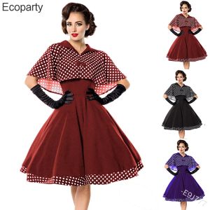 Vestido elegante Vintage Hepburn para mujer, negro, rojo, sin mangas, vestido ALine con chal, vestido Retro Rockabilly de lunares de los años 50