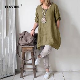 Dress ELSVIOS femme ample irrégulière demi manches Mini robe femmes O cou coton lin robe d'été élégant solide décontracté chemise robes