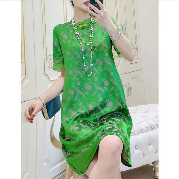 Vestido verde esmeralda con estampado de seda de imitación, vestido Cheongsam de gama alta para mujer, vestido veraniego, novedad de 2023, Vestidos Qipao mejorados para mujer
