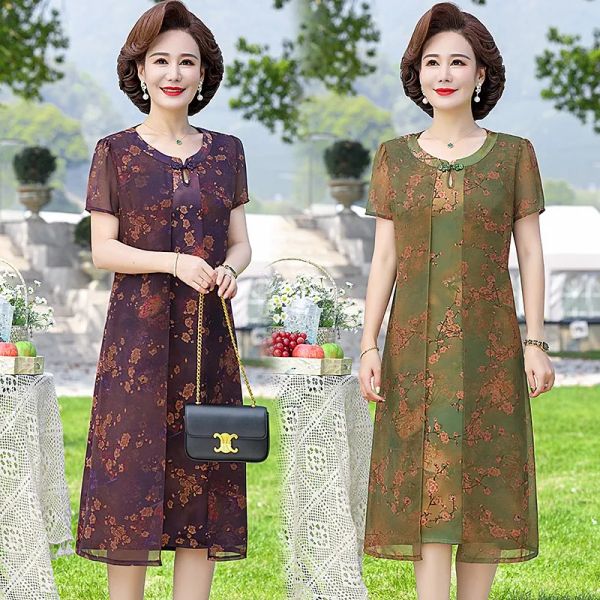 Robe fausses deux pièces imprimer la soie naturelle robe midi femme coréenne mode coréenne élégante fête décontractée robe d'été