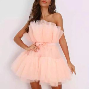 Jurk Mode Mini Jurk Effen Kleur Tutu Rok Strik Off Schouder Netto Garen Sexy Mouwloze Baljurk Bandeau Feestjurk voor Vrouwen